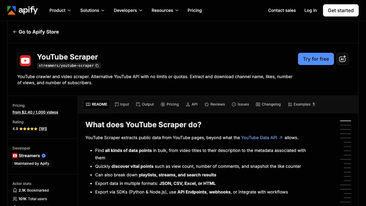 Apify YouTube Scraper actor landing page