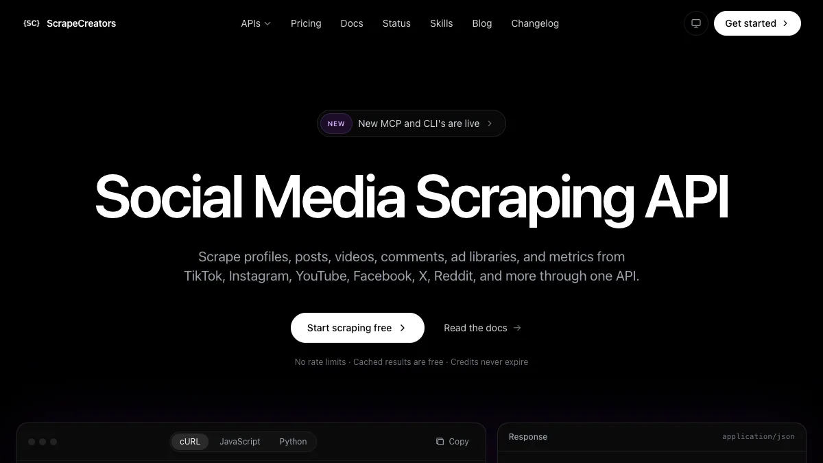 ScrapeCreators social media scraping API landing page