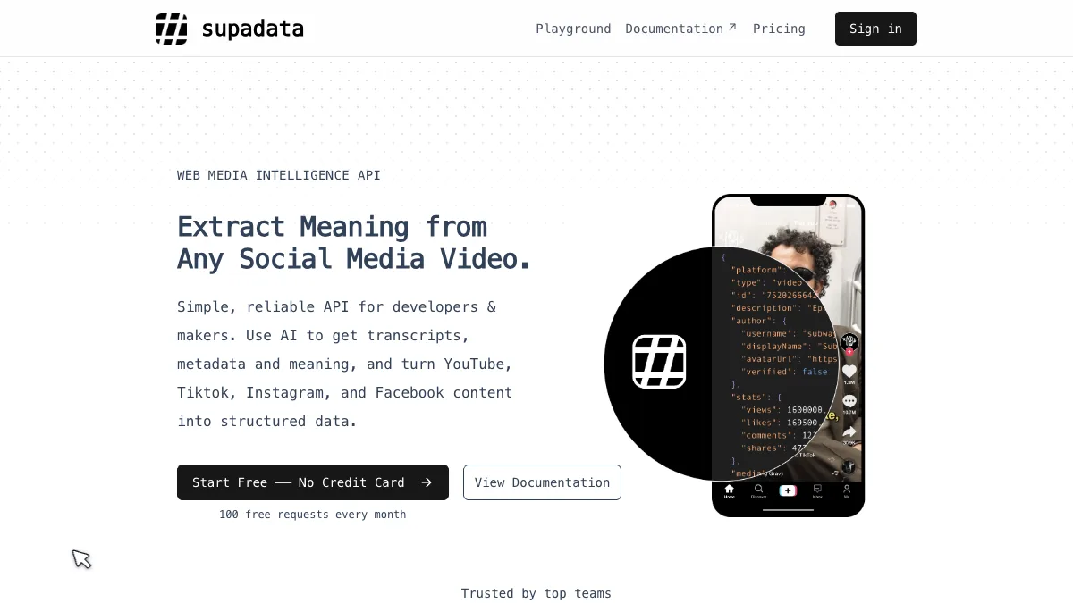 Supadata media intelligence API landing page