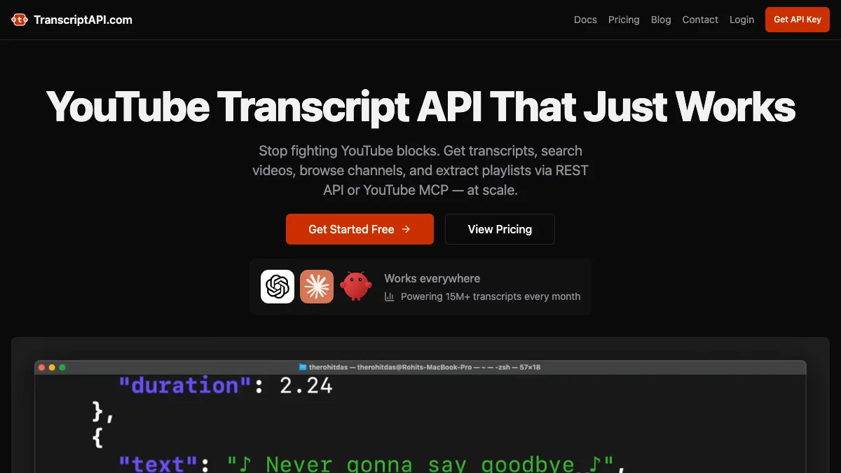 TranscriptAPI YouTube transcript API landing page